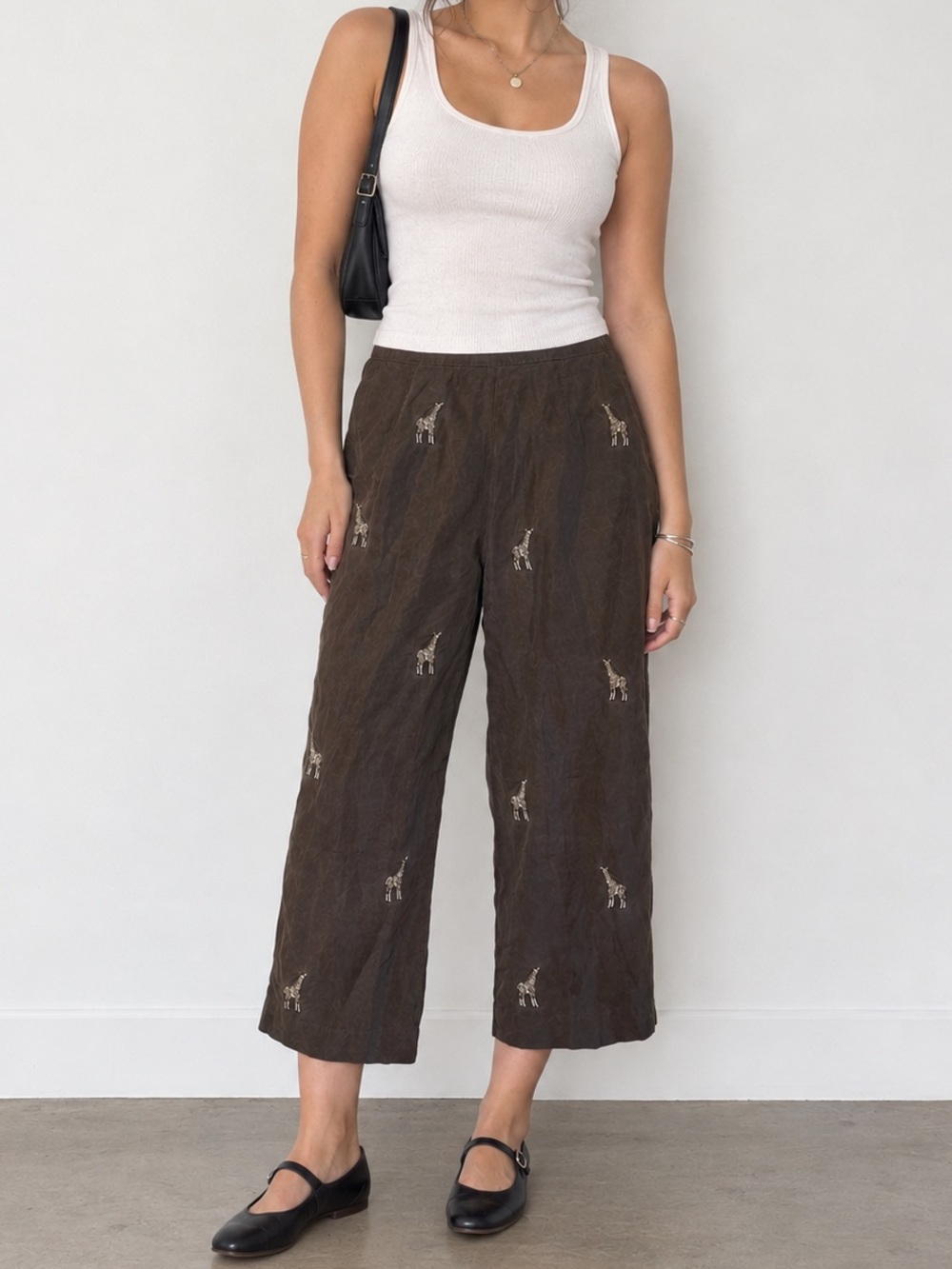 Vintage Silk Giraffe Embroidered Wide Leg Crop Brown Pants Unique Retro Boho